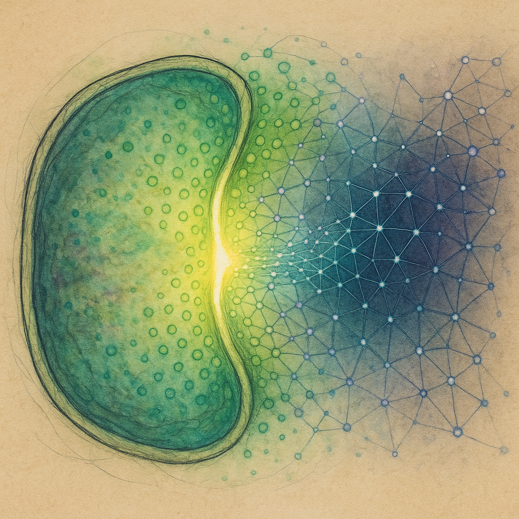 An artistic rendering of a green plant cell on the left, transitioning into an abstract blue digital network on the right, set against a parchment-like background.